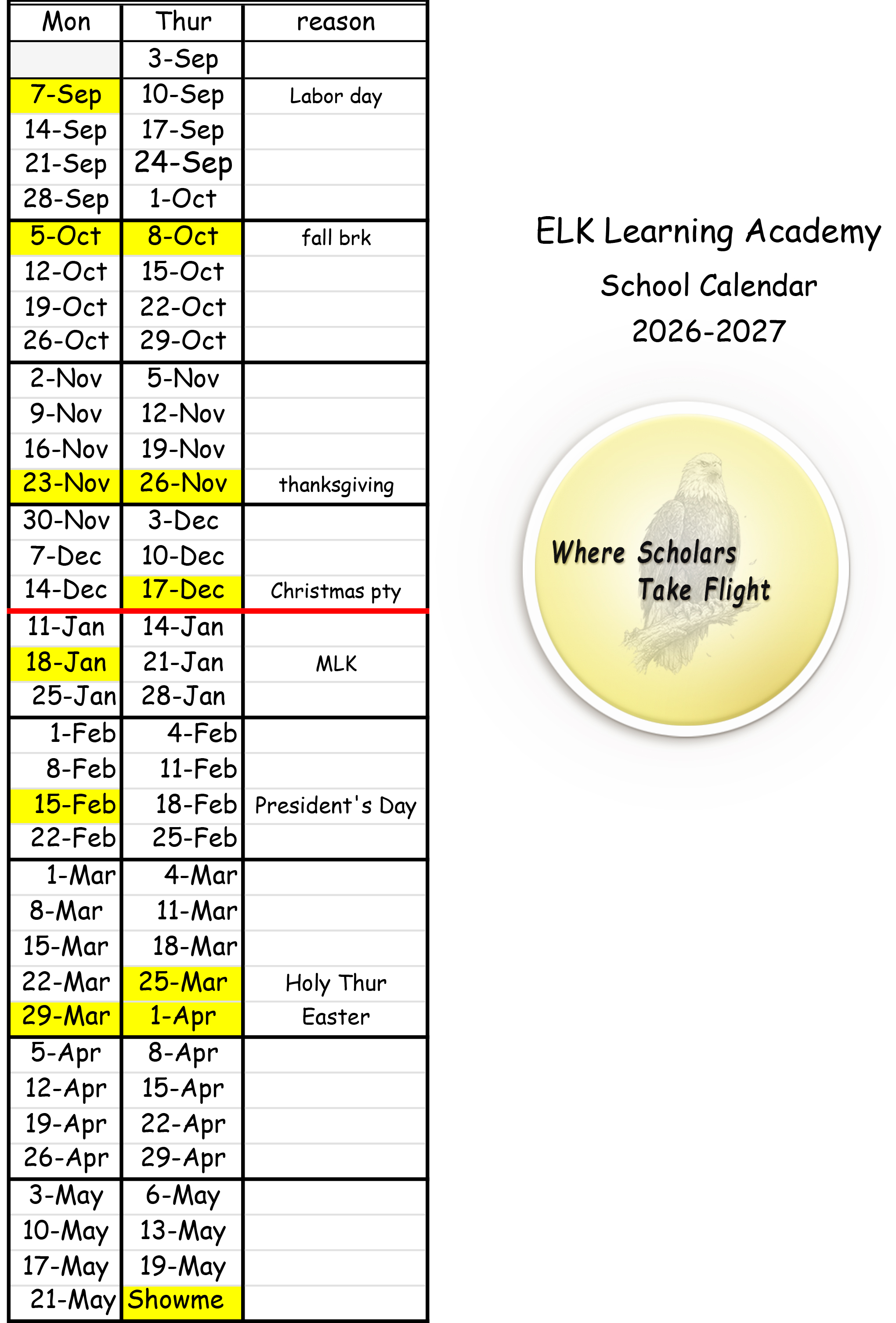 Monday Thursday School Calendar