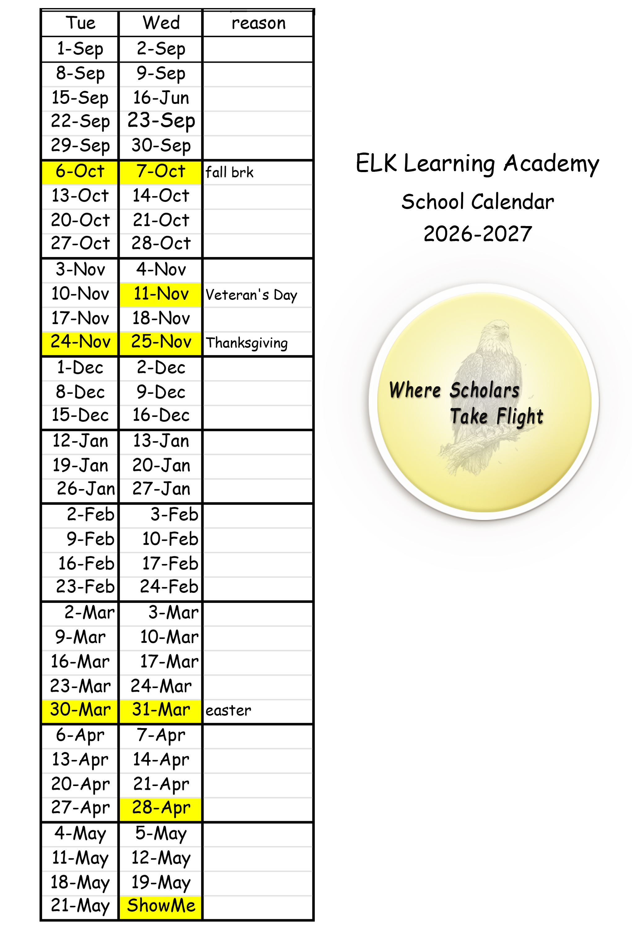 Tuesday Wednesday School Calendar