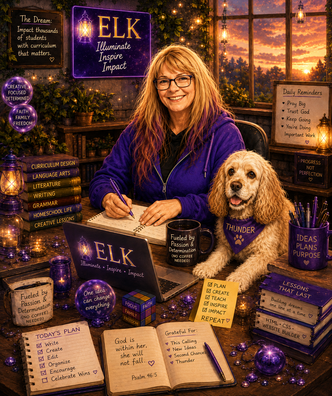 Kathy working at her desk building ELK Learning Academy